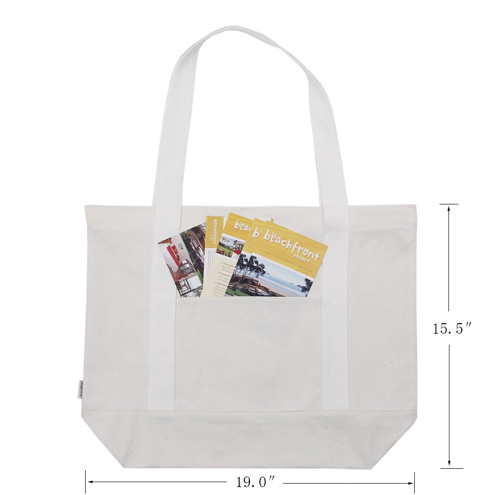 Augbunny Heavy Duty 100% Cotton Canvas Zipper Beach Shoulder Grocery Tote Bag With Outer Pocket 2-pack