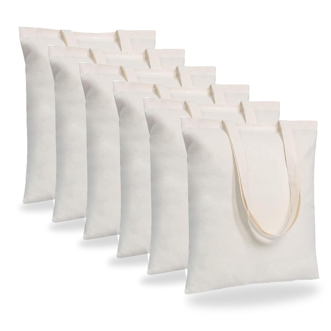 MAINDAIS Unisex-Adult Cotton Casual Tote Shopping Bags With Extra Strong 12'' Handle|Hold 15 Kg|Washable,Reusable,Eco Friendly Biodegradable Multipurpose Use Grocery Bag Natural(Pack Of 6),Beige