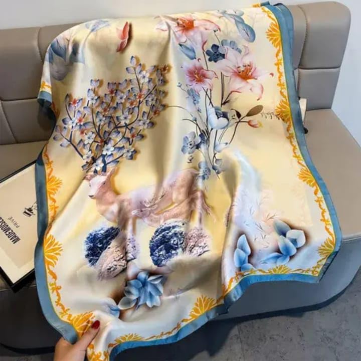 SWANKY Silk Stoles For Women Stylish Latest, Scarf for ladies & Girls, Head Neck Scarves, duppatta for girls (Cream With Yellow Flower)