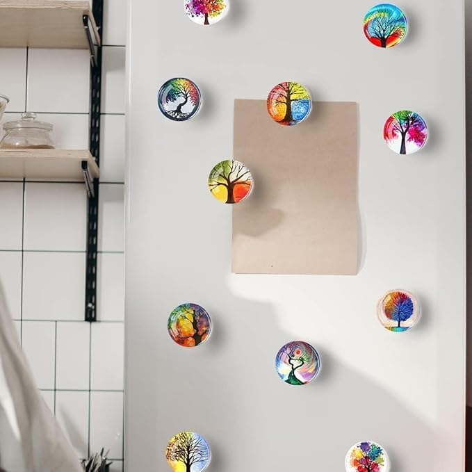 YAVRIXZ 12Pcs Glass Strong Magnetic Refrigerator Magnet Fridge Sticker, Round Funny Marbling Crystal Kitchen Magnets Decorations for Office Whiteboard, Cabinet, Dishwasher, Locker (Tree)