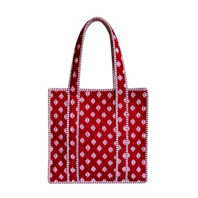 THREADORA LIVING Block Print Cotton Tote Bag for Women – Large Reusable Canvas Shopping Bag with Durable Handles, Traditional Hand Block Printed Design – Multipurpose Grocery, Travel & Everyday Bag