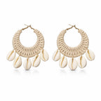 TR haute Boho Cowrie Shell Earrings for women and girl, Handmade Macrame Hoop Design with Natural Seashells, Beach Style Statement Jewelry, Cream Color , lightweight, daily, party and office style earring.