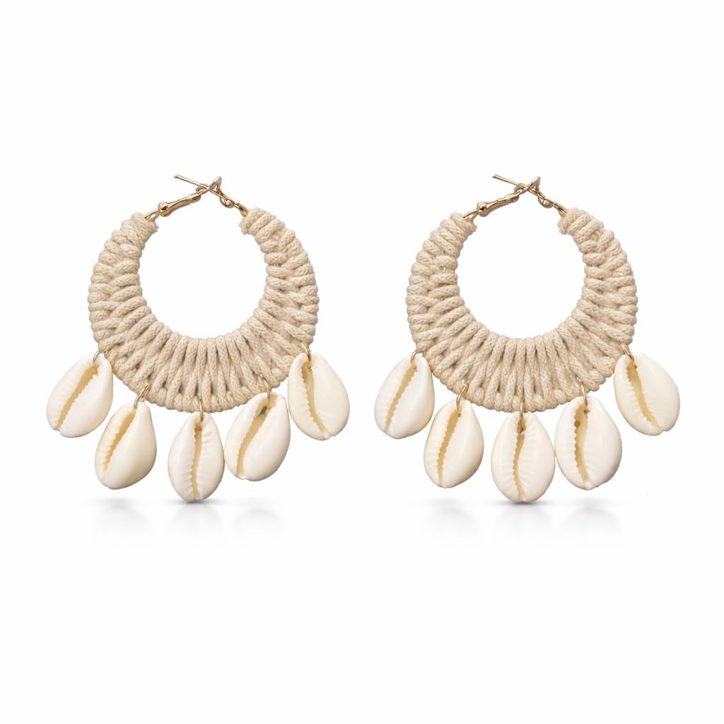 TR haute Boho Cowrie Shell Earrings for women and girl, Handmade Macrame Hoop Design with Natural Seashells, Beach Style Statement Jewelry, Cream Color , lightweight, daily, party and office style earring.