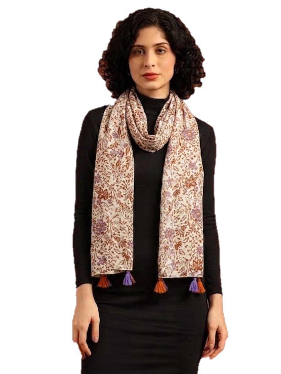 tweedle Pure Cotton Summer Scarf for Women,soft, Printed, Breathable Stole for Sun and Wind Protection - Vrem/Brown