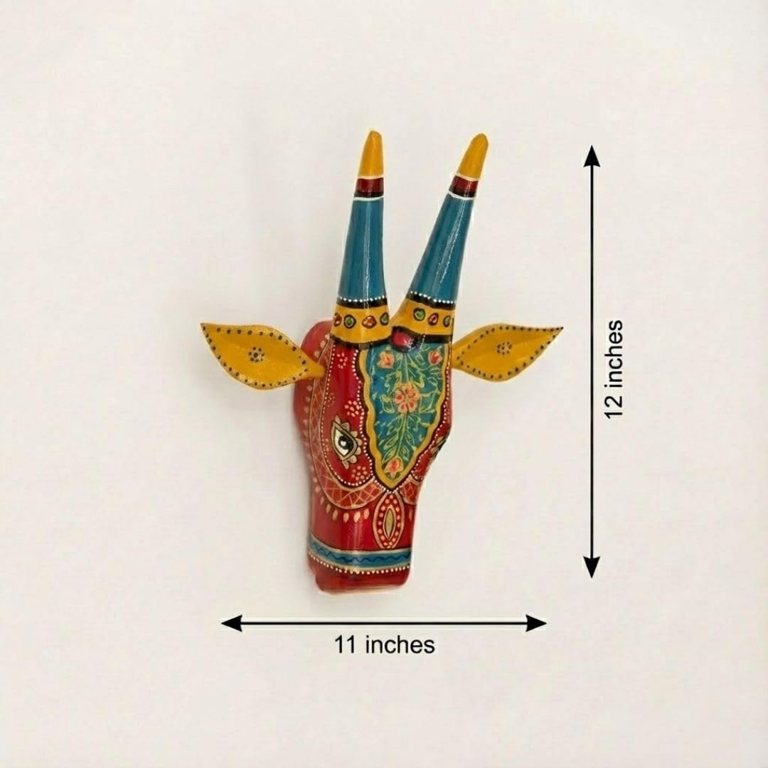 ATRANGI STUDIO Handpainted Wooden Cow Head Wall Decor | Ethnic Wall Art | Symbol of Prosperity | Wall Hanging for Home, Temple & Puja Room | Ready to Hang | 12 Inch, Red