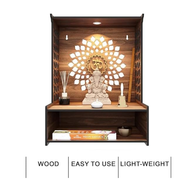 Devaāra Wooden Pooja Stand for Home & Office – Wall-Mounted Mandir with LED Spot Light | Compact DIY Temple for Puja Room Decor (H-15.5, L-11.5, W-9.5 Inch)