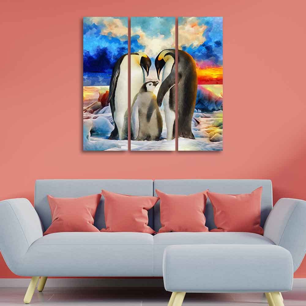 VIBECRAFTS 3 Pieces Animal Of Penguins Canvas Wall Painting Fitted With Wooden Frame For Home | Office | Living Room | Gifts (PTVC3Pcs1_9514)