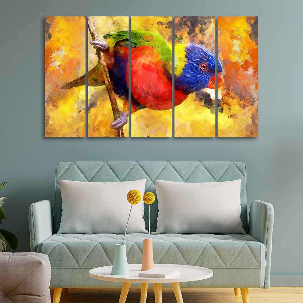 VIBECRAFTS Colorful Parrot Abstract Art Canvas wall Painting of Five Pieces For Home|Office|Living Room|Gift (PTVC5Pcs4_8661)