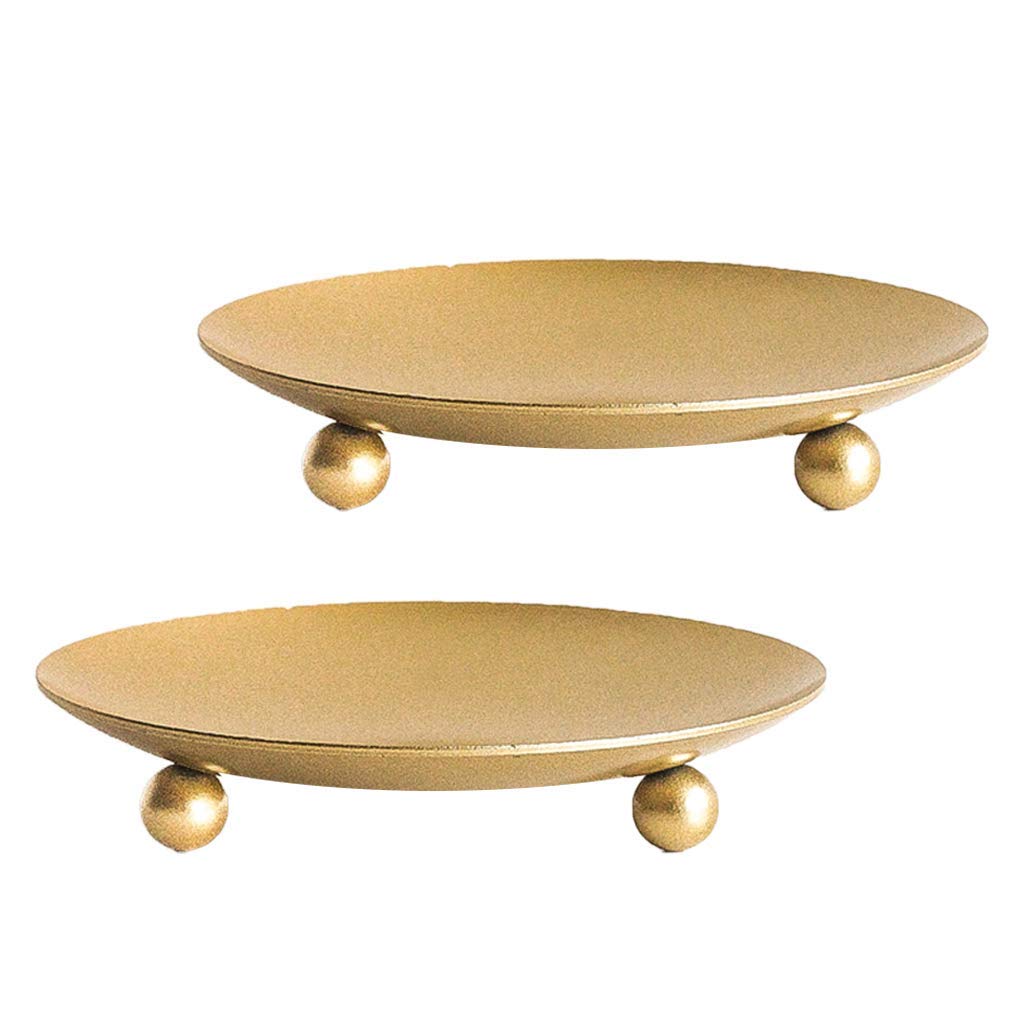 Home4Decor Gold Iron Plate Candle Holder, Decorative Iron Pillar Candle Plate, Set of 2, Pedestal Candle Stand for LED & Wax Candles, Incense Cones, Spa, Weddings (2 pcs)