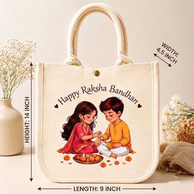 RP MALL Raksha Bandhan Printed Canvas Tote Gift Bag – Cotton Bag Reusable Hamper & Return Gift Bag with Closure,Synthetic Sheet Support, Designer Print, Eco-Friendly Packaging