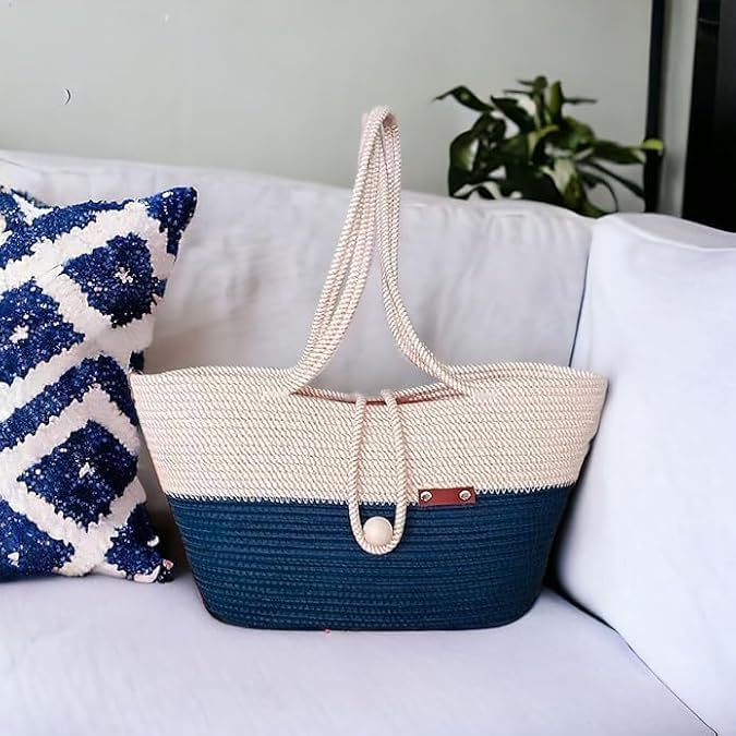BEAUTIFUL HOMMIES Attractive Hand Bag |large Tote Bag |Summer Bag | Bucket Bag | Basket Bag | Bamboo Tote | Beach Bags for Women|Boho Bag|Handbag |Jute Bag |Handmade Bag (BLUE WHITE STYLISH)