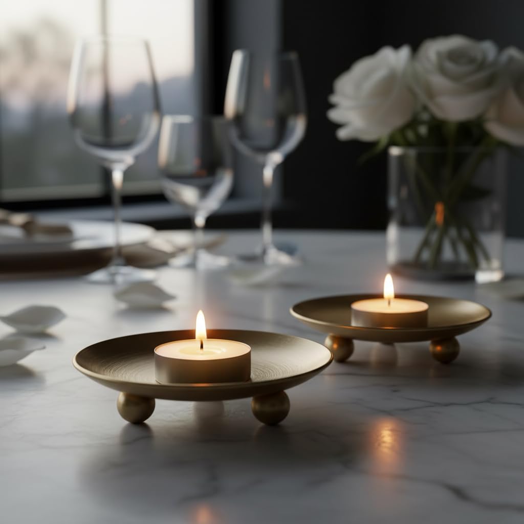 StylizShades Gold Metal Tealight Candle Holder Set of 2 | Round Decorative Tea Light Holders with Ball Feet | Modern Candle Stand for Home Decor, Diwali, Wedding & Table Centerpiece, Gold