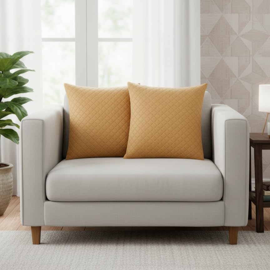 STITCHNEST Quilted Velvet Cushion Covers Set of 2 | Soft Brown | 18x18 Inches | Premium Sofa & Living Room Décor