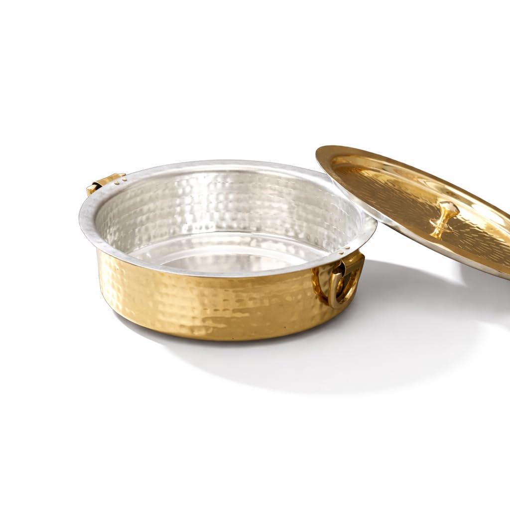 P•TAL Brass Lagan 6L, Tin Coated with Lid 100% Pure Brass Degchi for Cooking 3.2 kg Biryani Handi Ptal Utensils for Kitchen (Free 30ml Copper & Brass Cleaning Solution)