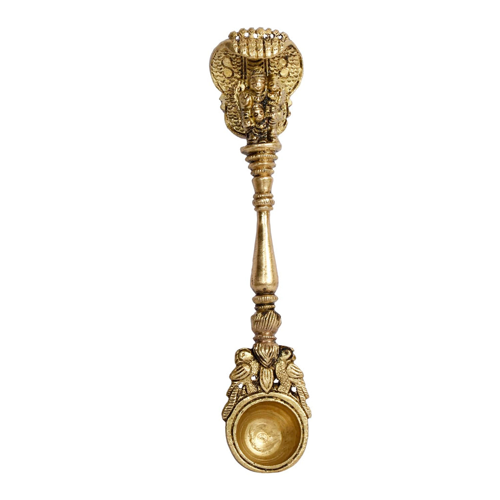 ARTVARKO Brass Havan Spoon Vishnu Laxmi Garuda Idol Sculpture Sheshnaag Ritual Achmani Spoon for Hawan Kund Ghee Pooja 6.5 Inch
