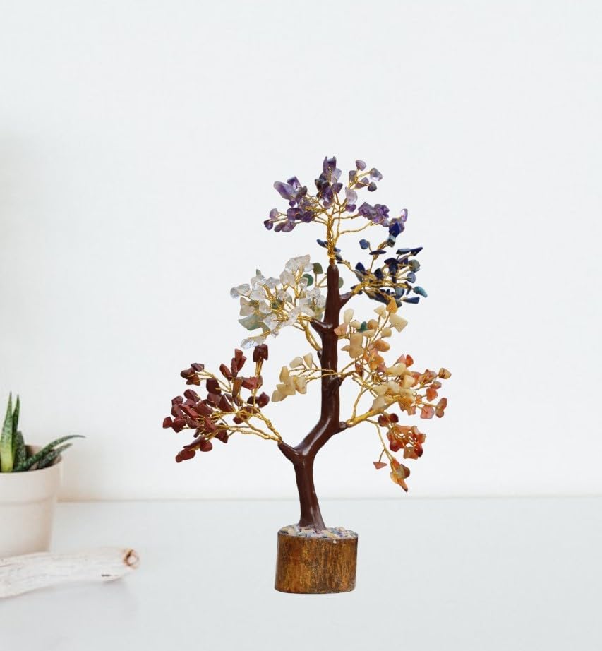 JABRESHWAR CRYSTAL Natural 7 Chakra Layered Golded Wire l Stone Tree for Vastu 300 Beads Reiki Healing Crystal Multicolor Good Luck Tree for Home Decor (Medium Height 10-12 Inch)