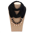 Malvina Plain Design Necklace Scarf For Women Fashion Pearl Necklace Wrapped Chiffon Scarf (Black)