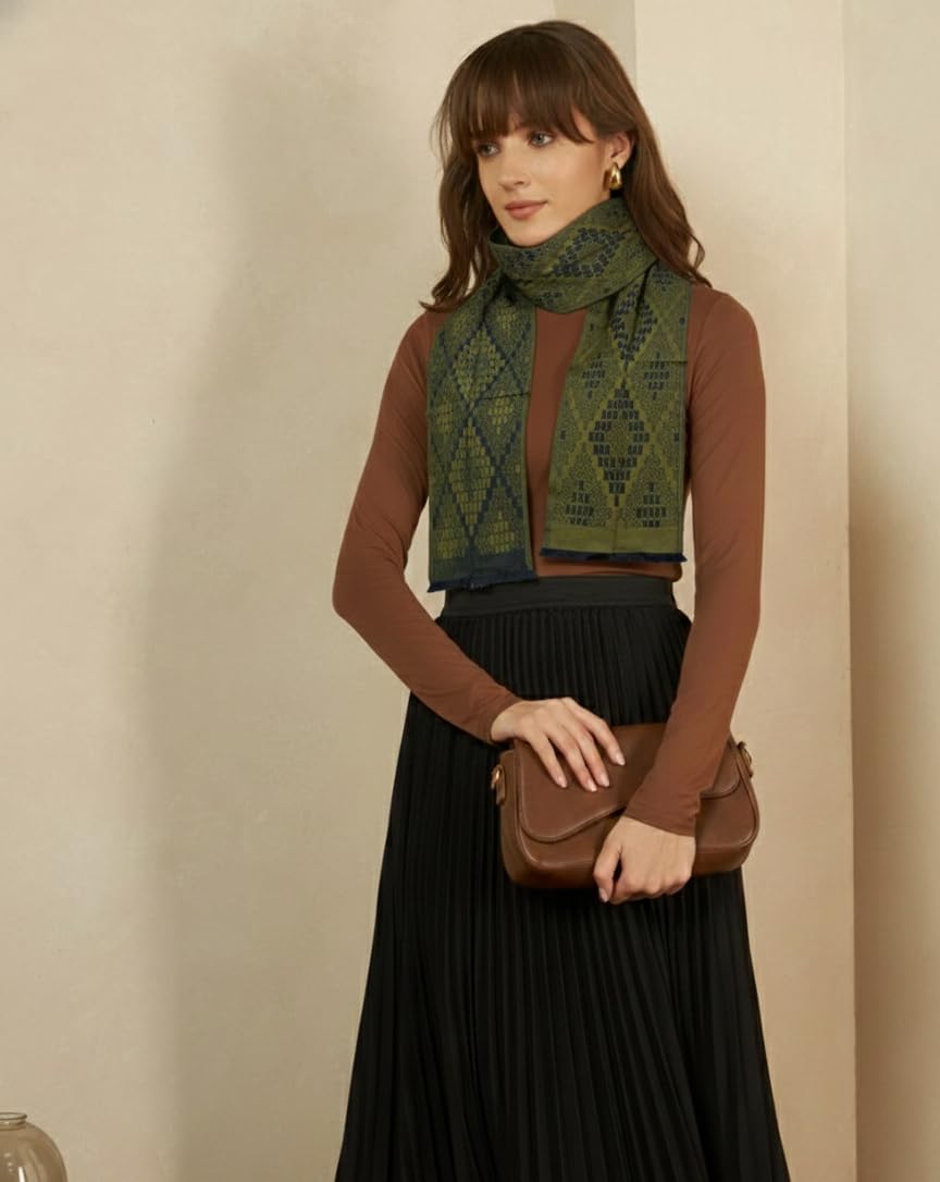 Ravaiyaa - Attitude is everything Women Woolen Ikat Design Casual Warm Winter Wear Muffler Scarf Stole 72x14 Inch (Green)