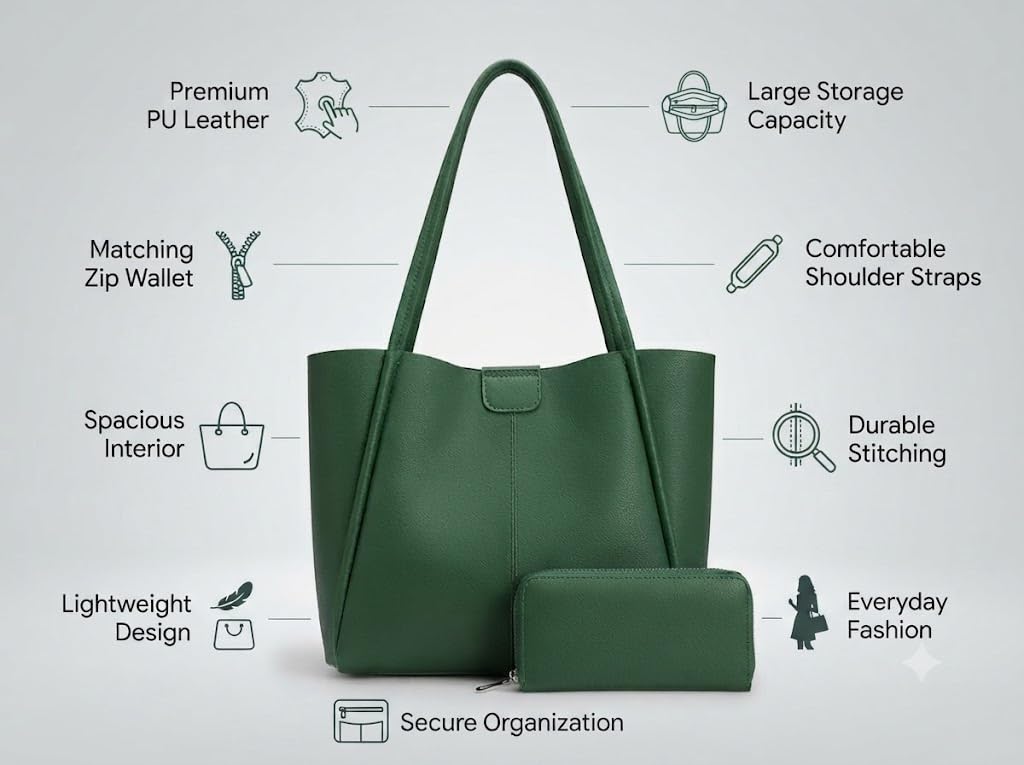 PAVILONN Women Tote Bag Ladies Handbag Shoulder Bag Office Bag PU Leather Travel Handbag with Zip Pouch Large Capacity Work Tote Shopping Purse College Bag (green)