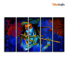 VIBECRAFTS Shree Krishna 5 Pieces Playing Flute Canvas Wall Painting For Home | Office | Living Room | Gift (PTVC5Pcs4_8508)