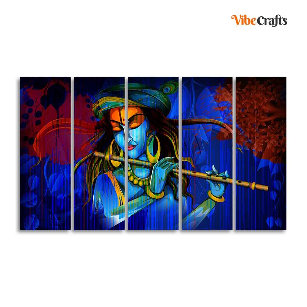 VIBECRAFTS Shree Krishna 5 Pieces Playing Flute Canvas Wall Painting For Home | Office | Living Room | Gift (PTVC5Pcs4_8508)
