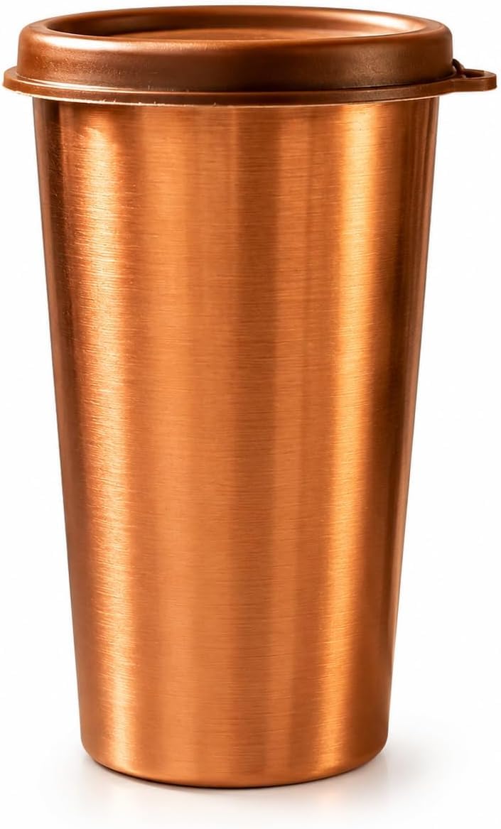 Pure Copper Tumbler with Lid, 500ml Copper Water Cup, 100% Pure Copper Drinking Glass, BPA-Free Leak-Proof Copper Mug for Office, Travel & Home, Ayurvedic Water Vessel, Reusable Eco-Friendly Drinkware