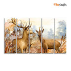 VIBECRAFTS Canvas Wall Painting Pair of Deer in the Forest Set of Five For Home|Office|Living Room|Gift (PTVC5Pcs4_8656)