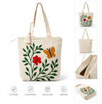 Embroidered Canvas Tote Bag, Cream, Floral Butterfly Design, Zipper Closure with Tassel