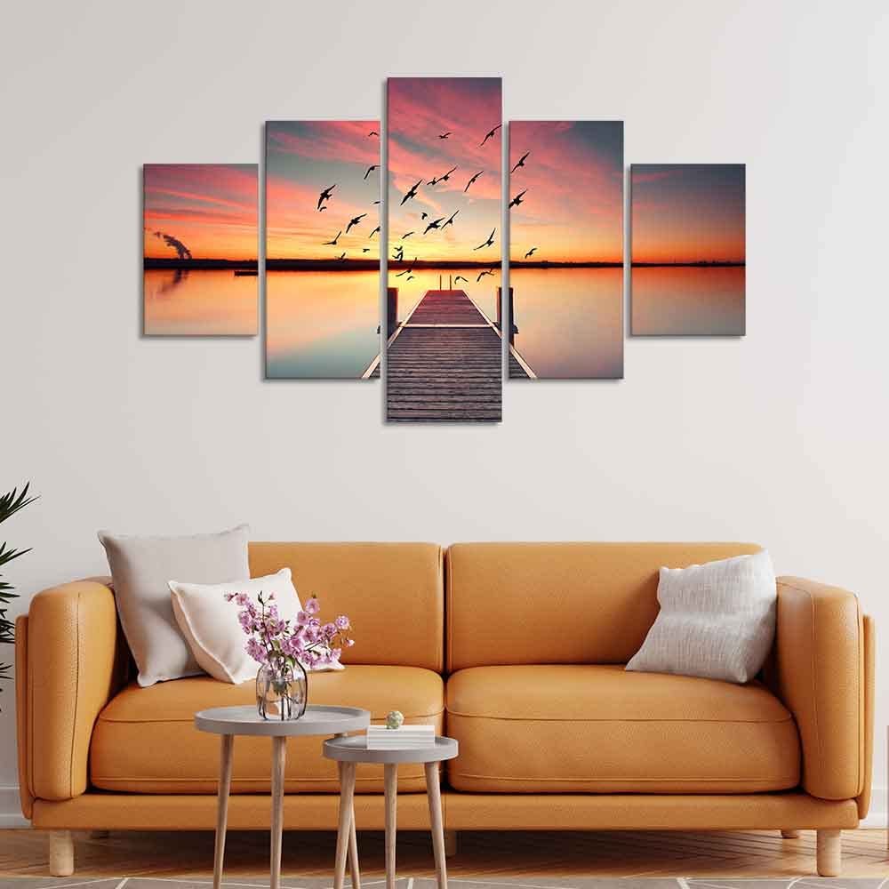 VIBECRAFTS Premium Beautiful Sunset Horizon Canvas wall Painting of Five Pieces For Home|Office|Living Room|Gift (PTVC5Pcs1_5543)