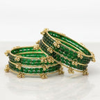 Zaya Handmade Kashmiri Ghungroo Raindrop Bangles Set of 16 for Women | Traditional Glass Bangles Combo | Stylish Chudi Set for Girls | Wedding Party Daily Wear (Green, 2.6)