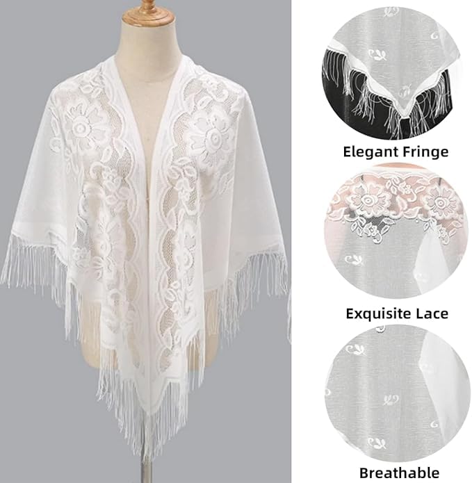 Alexvyan Floral Design Triangle Lace Stole and Wraps for Evening Dresses with Tassels for Evening Party Mesh Wedding Shawls for Summer (White)