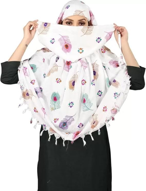 DHRUNA Pure Cotton Long Scarf Cum Mask for Women & Girls | White Feather Printed UV Protection Face Cover, Breathable Cotton Dupatta for Driving & Outdoor Wear