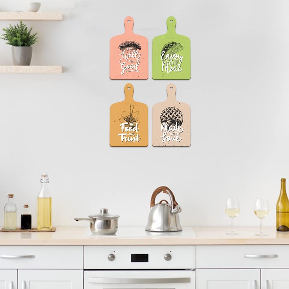 Artvibes Eat Well Feel Good Printed Wooden Wall Hanging for Kitchen | Cafe | Restaurant | Dining Room | Quotes Decor Item | Wall Poster | Food Quotes Decoration | Gift Items(WH_5609NV), Set of 4