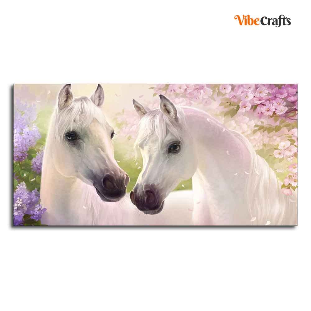 VIBECRAFTS Canvas Paintings for Living Room Drawing Room Beautiful Pair Of White Horses Premium Wall Painting Fitted With Wooden Frame for Home | Office | Gift (PTVCH_2340)