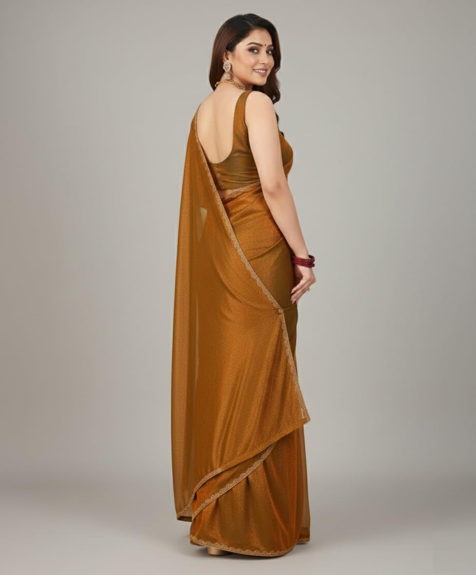 LADY SHOPI Women's Chiffon Solid Saree Fendy Chiffon Gold-GEM
