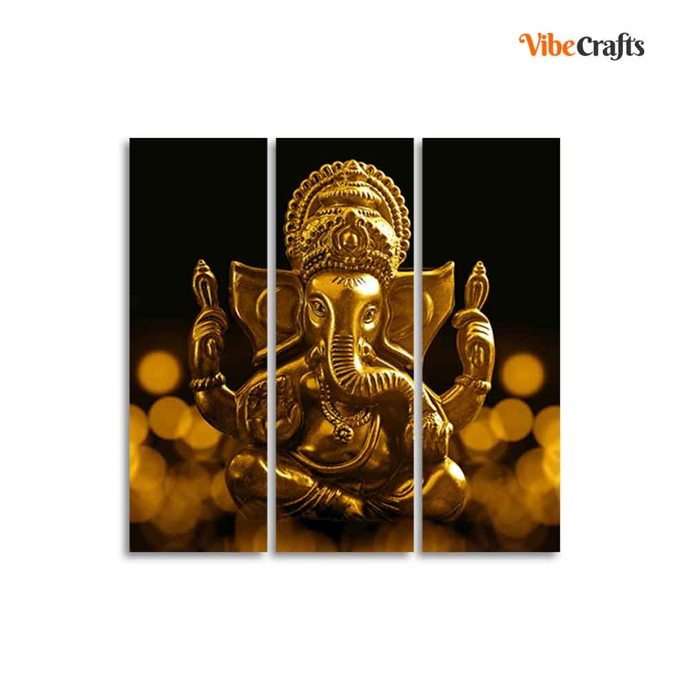 VIBECRAFTS Shree Ganesha 3 Pieces Canvas Wall Painting Fitted With Wooden Frame For Home | Office | Living Room | Gifts (PTVC3Pcs1_9506)