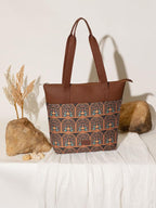 ZOUK Royal Indian Peacock Motif Printed Women's Jute Handcrafted Vegan Leather Grey Everyday Tote