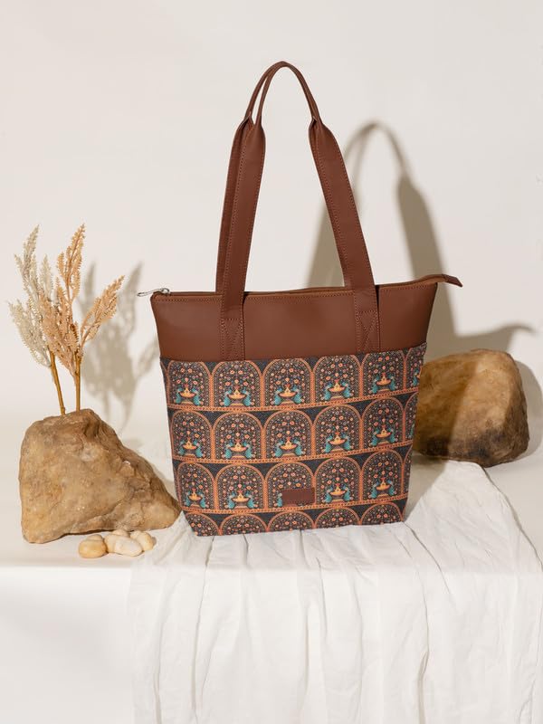 ZOUK Royal Indian Peacock Motif Printed Women's Jute Handcrafted Vegan Leather Grey Everyday Tote