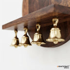 KHATICRAFT Nava 100% Solid Sheesham Wood Wall Mounted Temple for Home | Wooden Pooja Mandir with Om Design, 4 Brass Bells & Prayer Shelf | Honey Finish