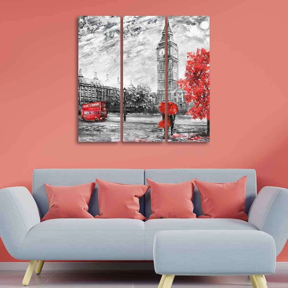 VIBECRAFTS 3 Pieces Beautiful View Of London Canvas Wall Painting Fitted With Wooden Frame For Home | Office | Living Room | Gifts (PTVC3Pcs1_9510)