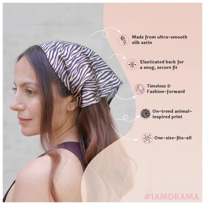Hair Drama Co. Zebra Print Elastic Bandana Head Scarf for Women - Brown | Silk Satin Head Wrap Bandana Scarves | Boho Style Statement All Day Wear Headband Scarves | Hair Scarf Accessories