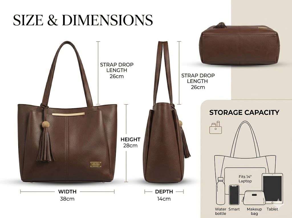 PAVILONN Women Tote Bag Ladies Handbag Shoulder Office Shopping Work Laptop PU Leather Brown Travel College Daily Use Designer Large Stylish Fashion Zipper Commuter Gift (BROWN)