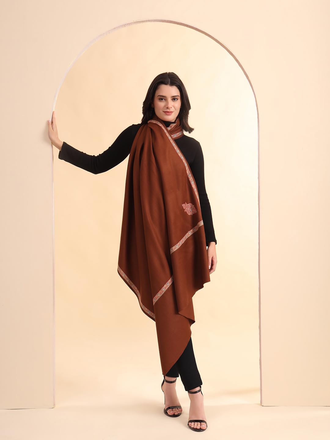 Zamour Kashmiri Pashmina Style Fine Kingri Embroidery Woollen Shawls for Winter (Brown)