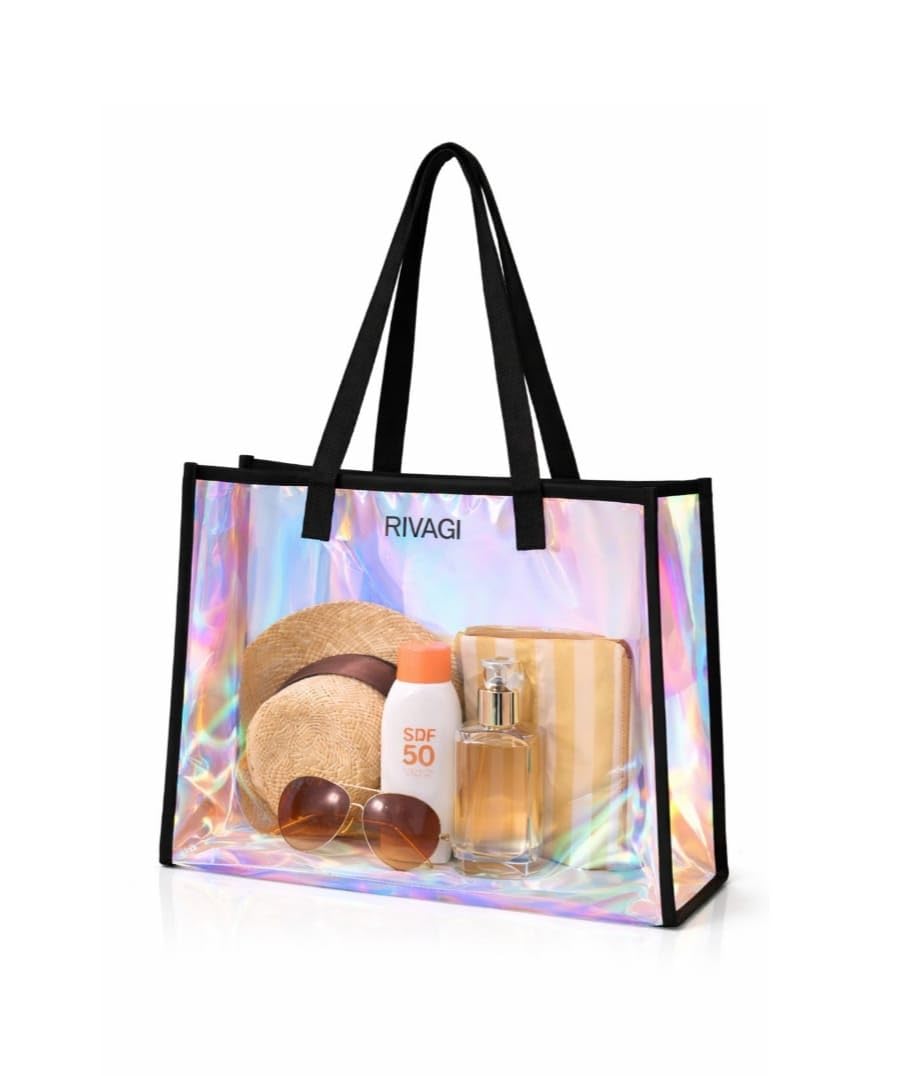 RIVAGI Beach Bag Transparent, Clear Tote Bag with Black Handles, Holographic Rainbow Design