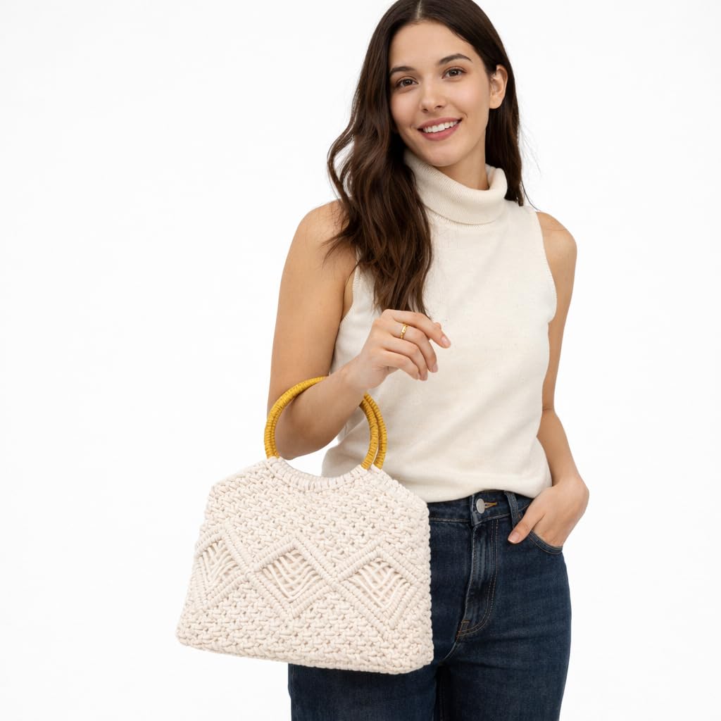 KARIMA CRAFT Handmade Macramé Handbag with Wooden Handles | Boho Cotton Tote Bag for Women | Stylish Crochet Purse for Daily Use, Beach & Parties