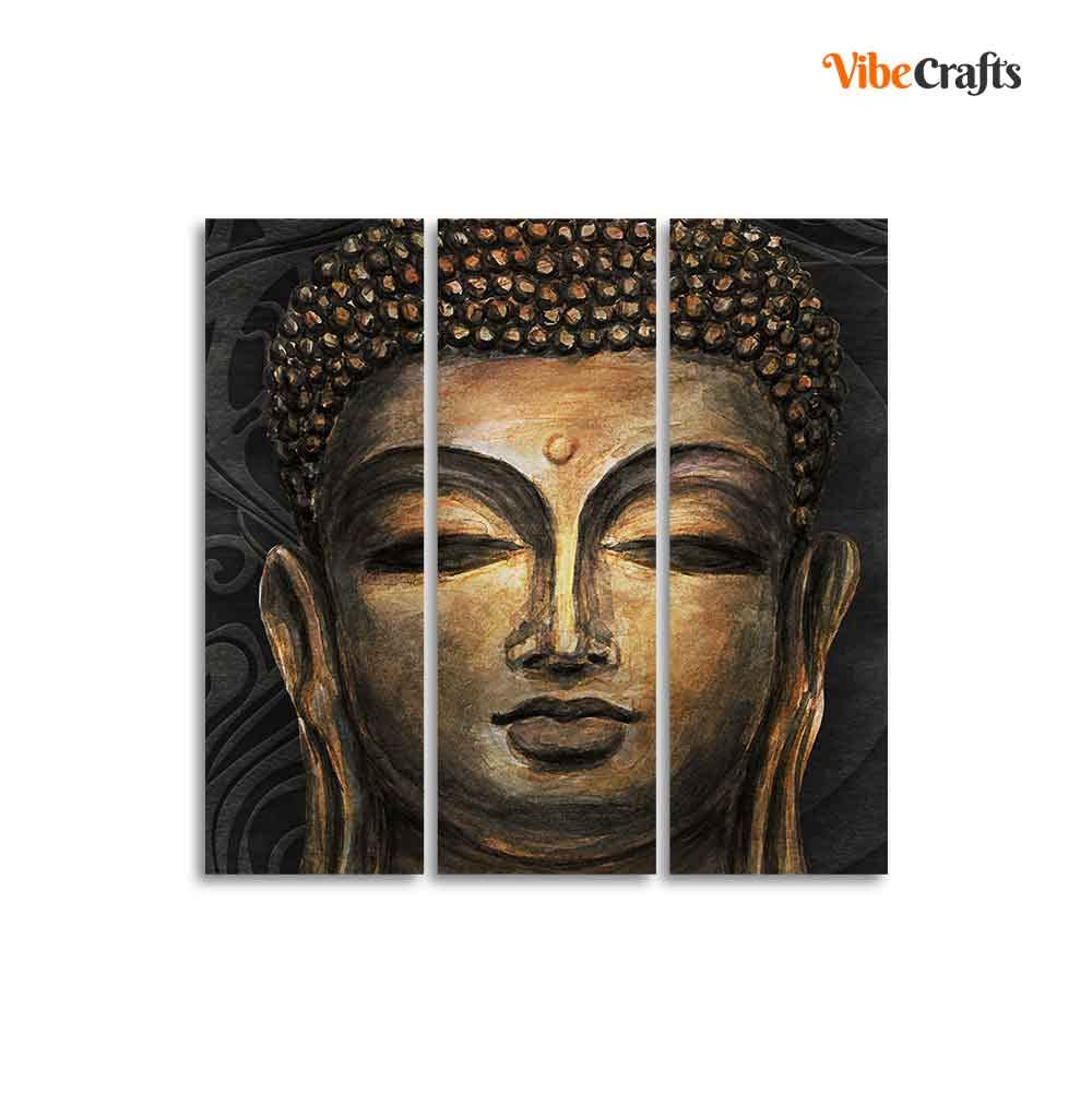 VIBECRAFTS Spiritual Buddha 3 Pieces Canvas Wall Painting Fitted With Wooden Frame For Home | Office | Living Room | Gifts (PTVC3Pcs1_9501)