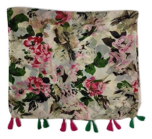 StoleVilla™ Women's Printed Poly Cotton Multicolored Scarf and Stoles with Pearl Tassels Set Of 3 (ST412)