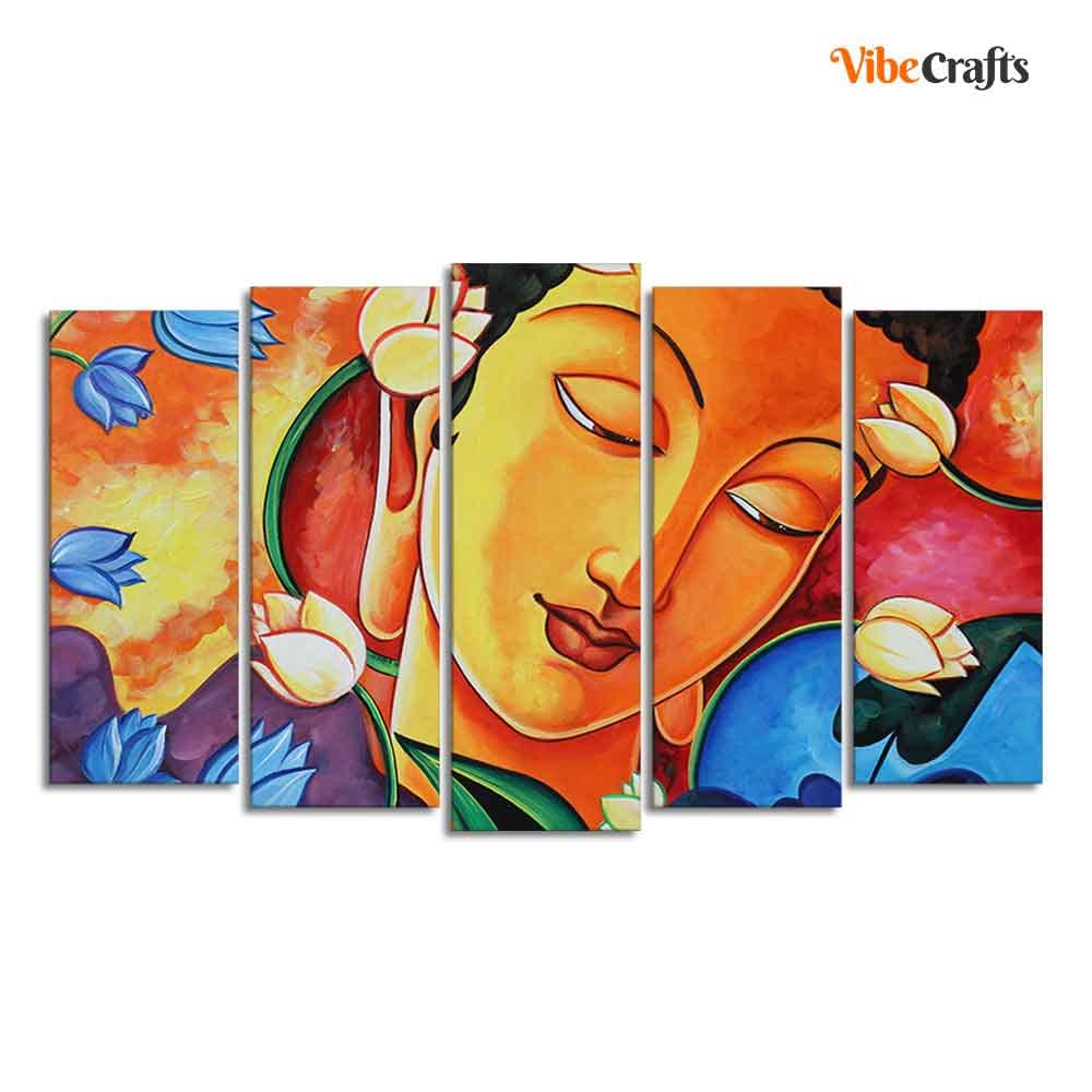 VIBECRAFTS Abstract Wall Painting of Spiritual Buddha Set of Five Pieces For Home|Office|Living Room|Gift (PTVC5Pcs2_6566)