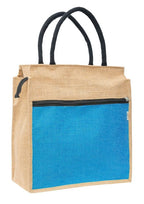 JUTEKA Front Zip Pocket Sky Blue color Jute Bag for Lunch, Office, Grocery, Picnic, Tiffin, Shopping Hand Bag with padded cotton handles…