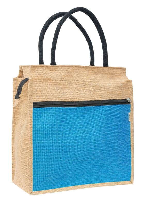 JUTEKA Front Zip Pocket Sky Blue color Jute Bag for Lunch, Office, Grocery, Picnic, Tiffin, Shopping Hand Bag with padded cotton handles…